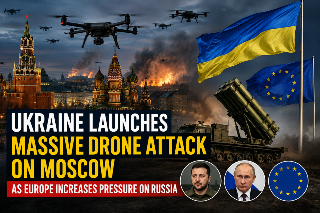 News graphic showing drones flying over Moscow with explosions in the background, alongside Ukrainian and European Union flags, an air defense missile system, and imagery representing the ongoing Russia-Ukraine conflict and growing European support for Ukraine.