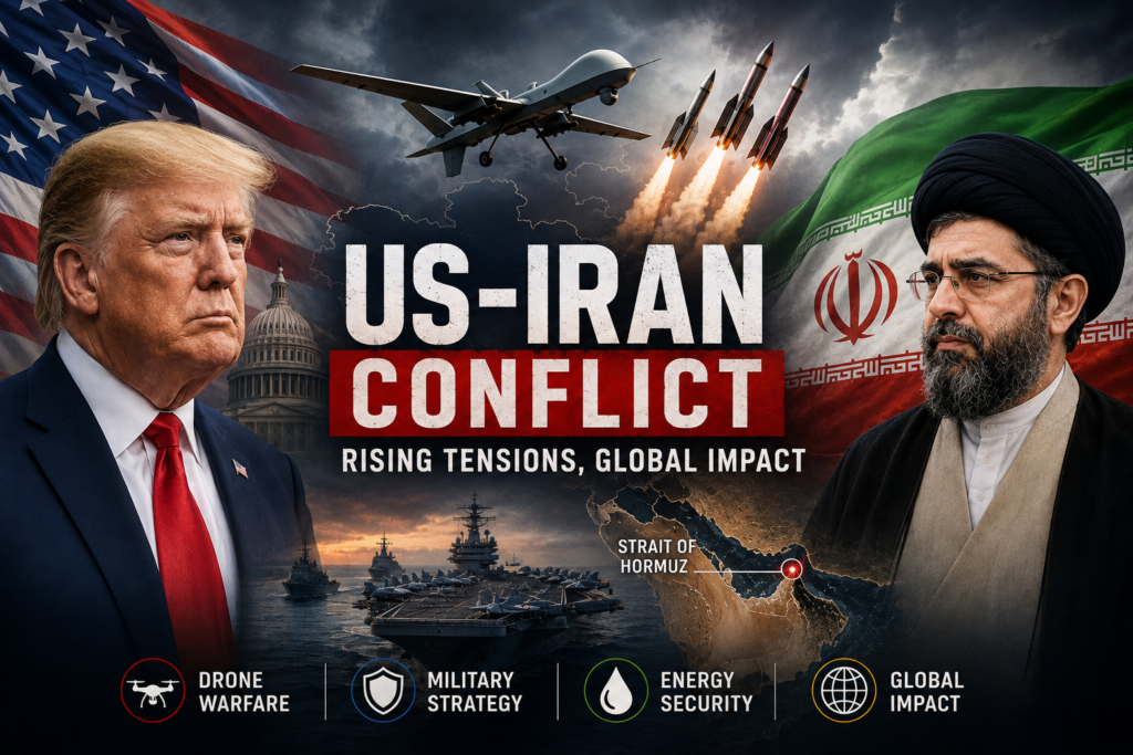 Donald Trump and Mujtaba Khamenei featured in a news-style illustration showing military drones, missiles, naval forces, and US-Iran tensions in the Middle East.
