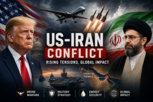 Donald Trump and Mujtaba Khamenei featured in a news-style illustration showing military drones, missiles, naval forces, and US-Iran tensions in the Middle East.