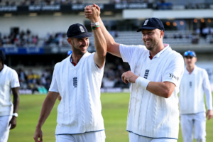 England cricketers celebrate a wicket during the first Test against Pakistan at Headingley after bowling the visitors out for a low first-innings total.
