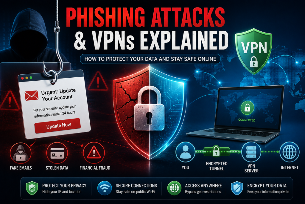 Cybersecurity illustration showing phishing attacks, fake emails, VPN protection, encrypted internet connections, and online privacy tools.