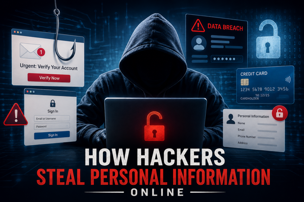 Illustration showing hackers stealing personal information through phishing emails and online scams.