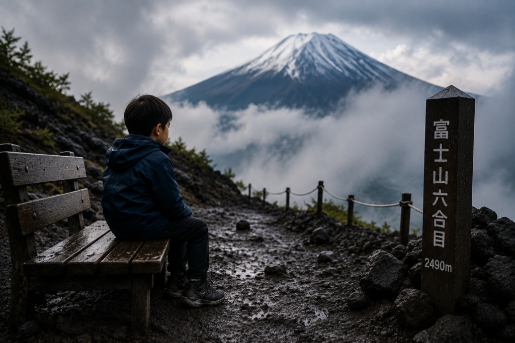 A young boy sits alone on a bench near Mount Fuji in foggy weather after reportedly being left behind during a family hike.
