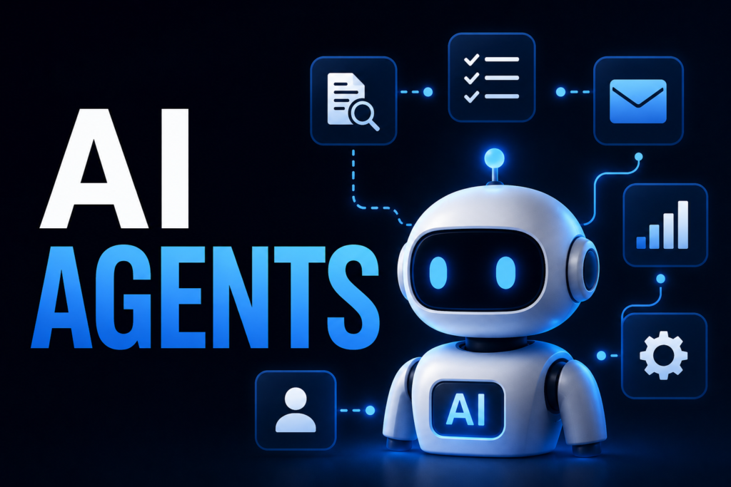AI Agents guide with futuristic AI robot and automation workflow icons