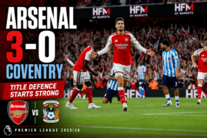 Arsenal player celebrating during the 3-0 win over Coventry City in the Premier League.
