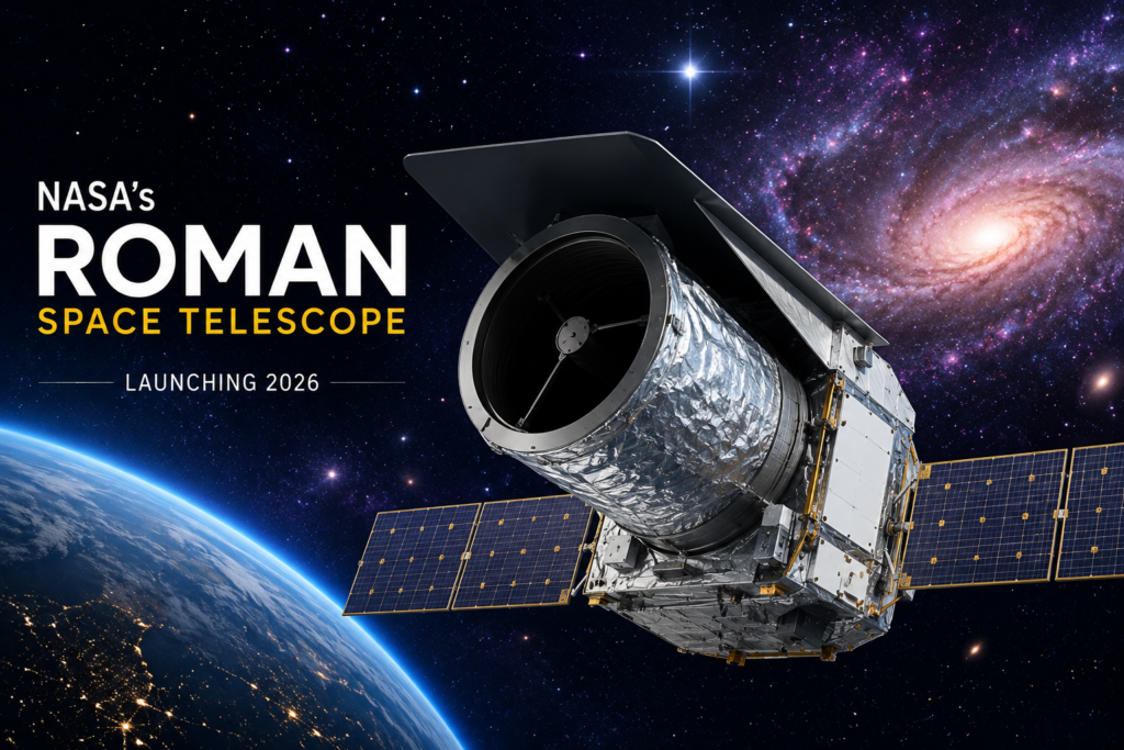 Nancy Grace Roman Space Telescope orbiting Earth with distant galaxies and deep space in the background