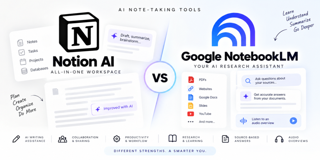 Notion AI vs Google NotebookLM comparison showing AI note-taking, research, productivity, and knowledge management features