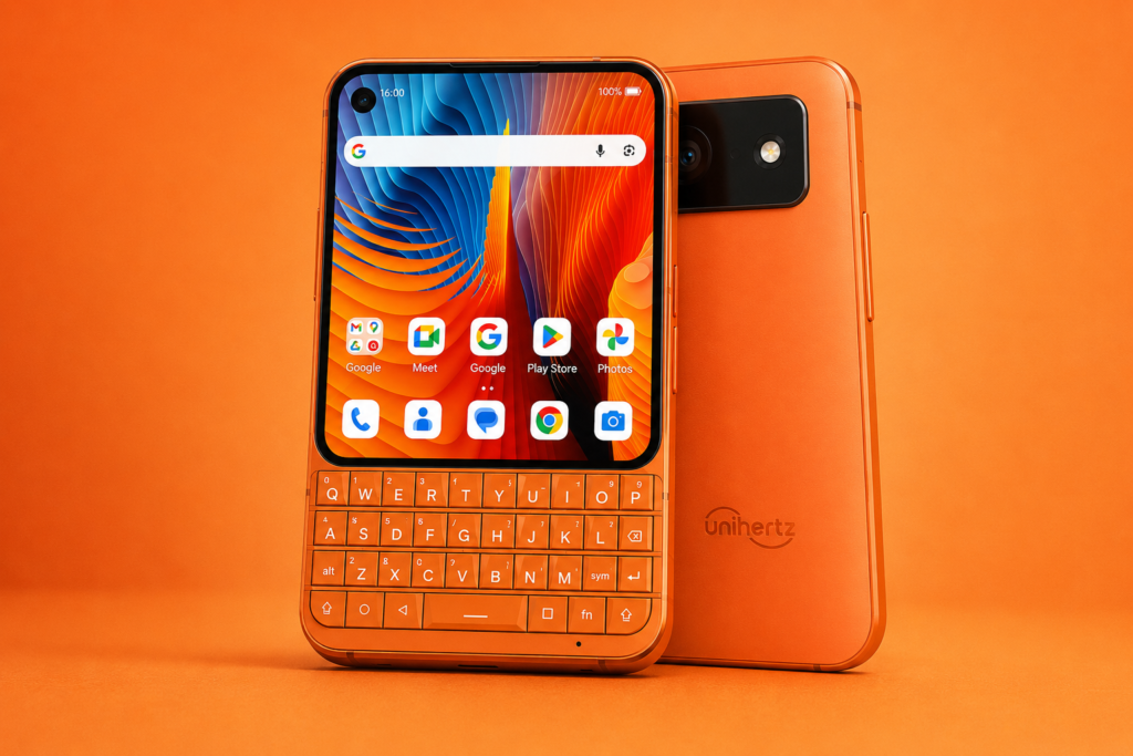 Unihertz Titan 2 Elite keyboard smartphone in orange color with AMOLED display and physical QWERTY keyboard